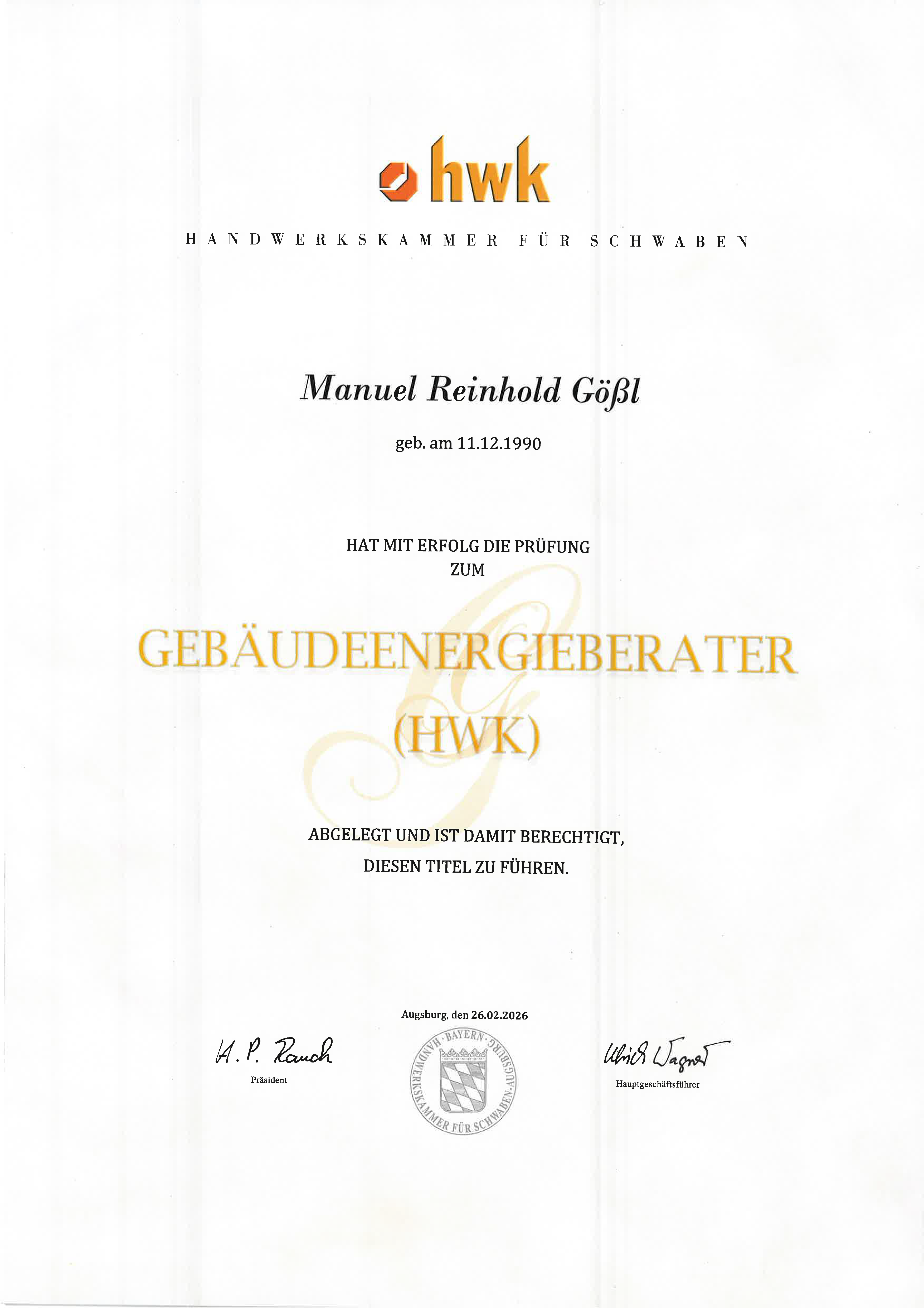 Zertifikat Energieberater