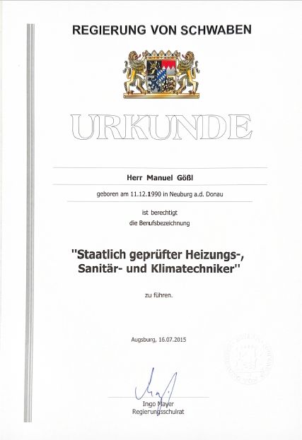 Urkunde Techniker SHK
